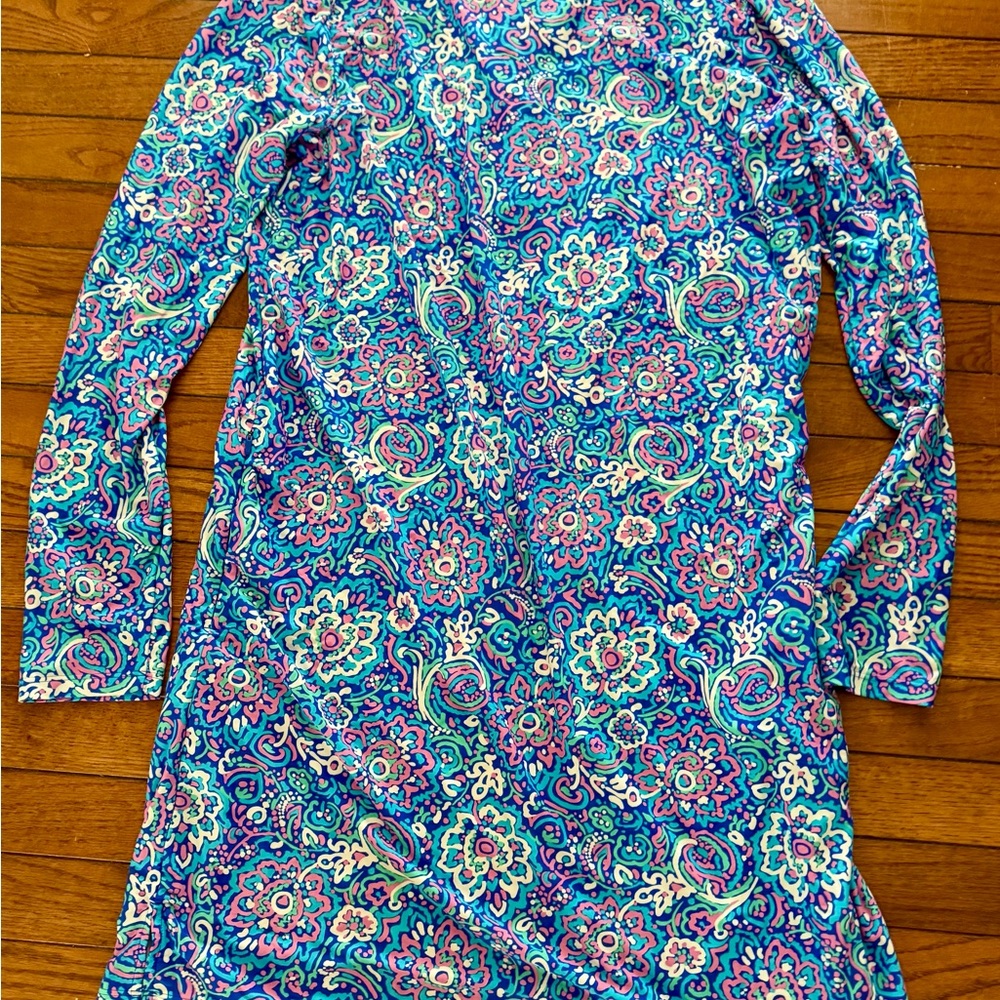 Coolibar Blue and Pink Swim Coverup with V-Neck and UPF 50+ Sun Protection - Picture 3 of 5
